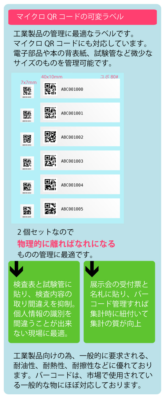 工業製品の管理に最適なラベルです。マイクロQRコード、DataMatrixなど様々な規格に対応しています。電子部品や本の背表紙、試験管など微少なサイズのものを管理可能です。2個セットなので物理的に離ればなれになるものの管理に最適です。検査票と試験管に貼り、検査内容の取り間違えを抑制。個人情報の識別を間違うことが出来ない現場に最適。展示会の受付票と名札に貼り、バーコード管理すれば集計時に紐付いて集計の質が向上。工業製品向けの為、一般に要求される耐油性、耐熱性、耐擦性などに優れております。バーコードは、市場で使用されている一般的な物にほぼ対応しております。