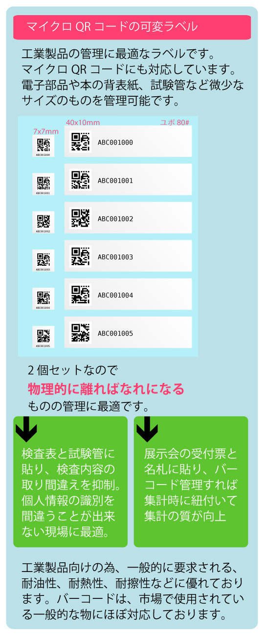 工業製品の管理に最適なラベルです。マイクロQRコード、DataMatrixなど様々な規格に対応しています。電子部品や本の背表紙、試験管など微少なサイズのものを管理可能です。2個セットなので物理的に離ればなれになるものの管理に最適です。検査票と試験管に貼り、検査内容の取り間違えを抑制。個人情報の識別を間違うことが出来ない現場に最適。展示会の受付票と名札に貼り、バーコード管理すれば集計時に紐付いて集計の質が向上。工業製品向けの為、一般に要求される耐油性、耐熱性、耐擦性などに優れております。バーコードは、市場で使用されている一般的な物にほぼ対応しております。